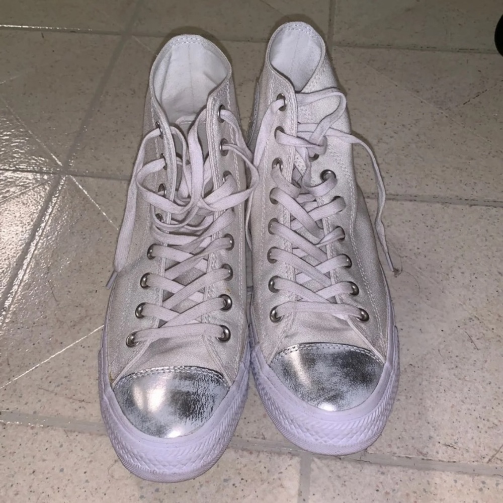White Metallic High Top Converse
